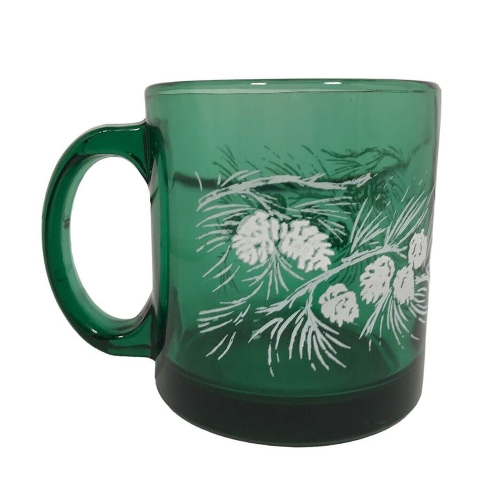 White Painted Evergreen Pine Cone Emerald Green Clear‎ Glass 10 oz Coffee Mug